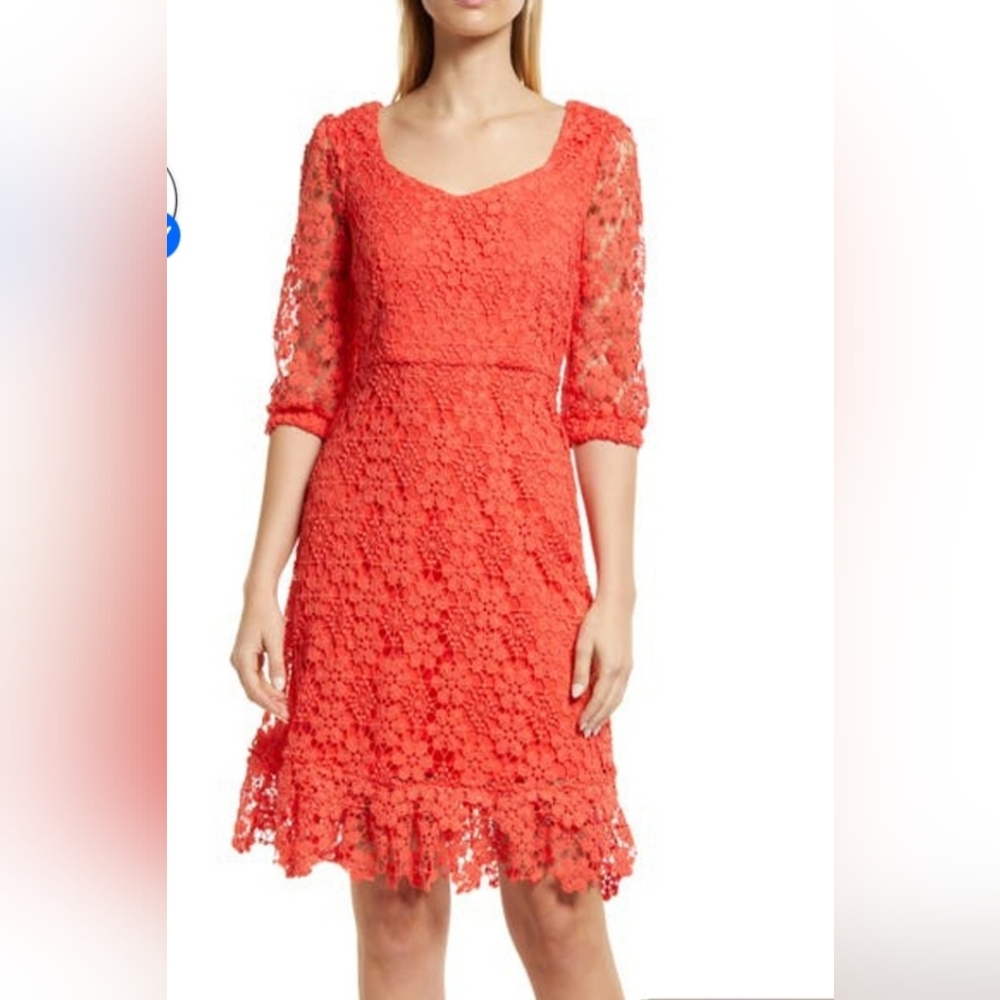 Tahari Women's Lace Fit & Flare Minidress In Coral Plus Dress  Size 16